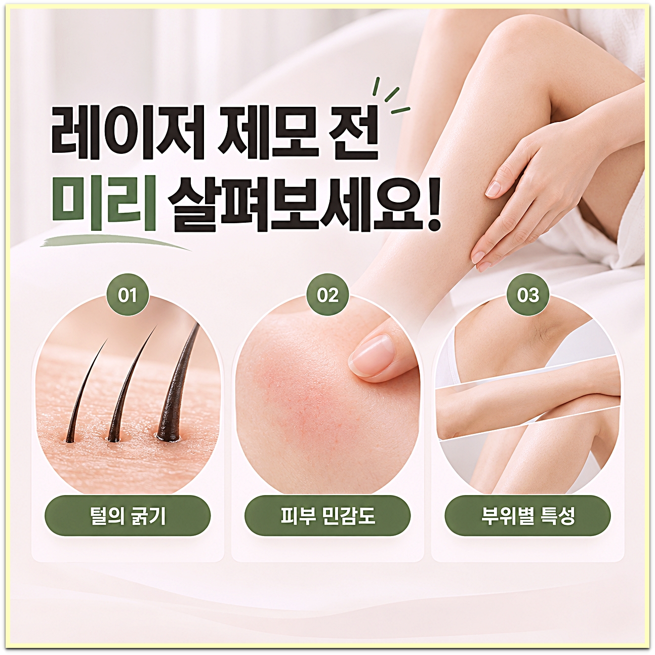 부산 레이저제모 전 털의 굵기·피부 민감도·부위별 특성 확인 안내 이미지